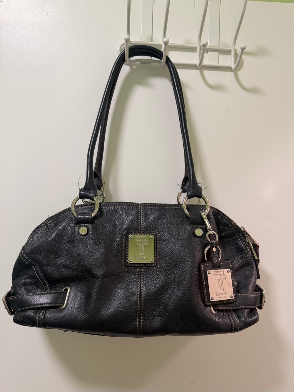 Tignanello Black Pebbled Leather Shoulder Bag with Logo Plaque